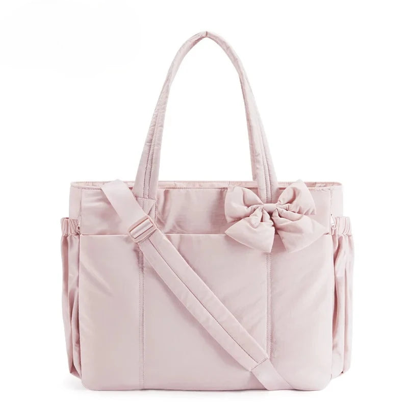 BAGSMART Padded Tote Bag With Bow Casual Quilted Padded Women Shoulder Bags Fit 15.6in Laptop Large Capacity Yoga Gym Bags